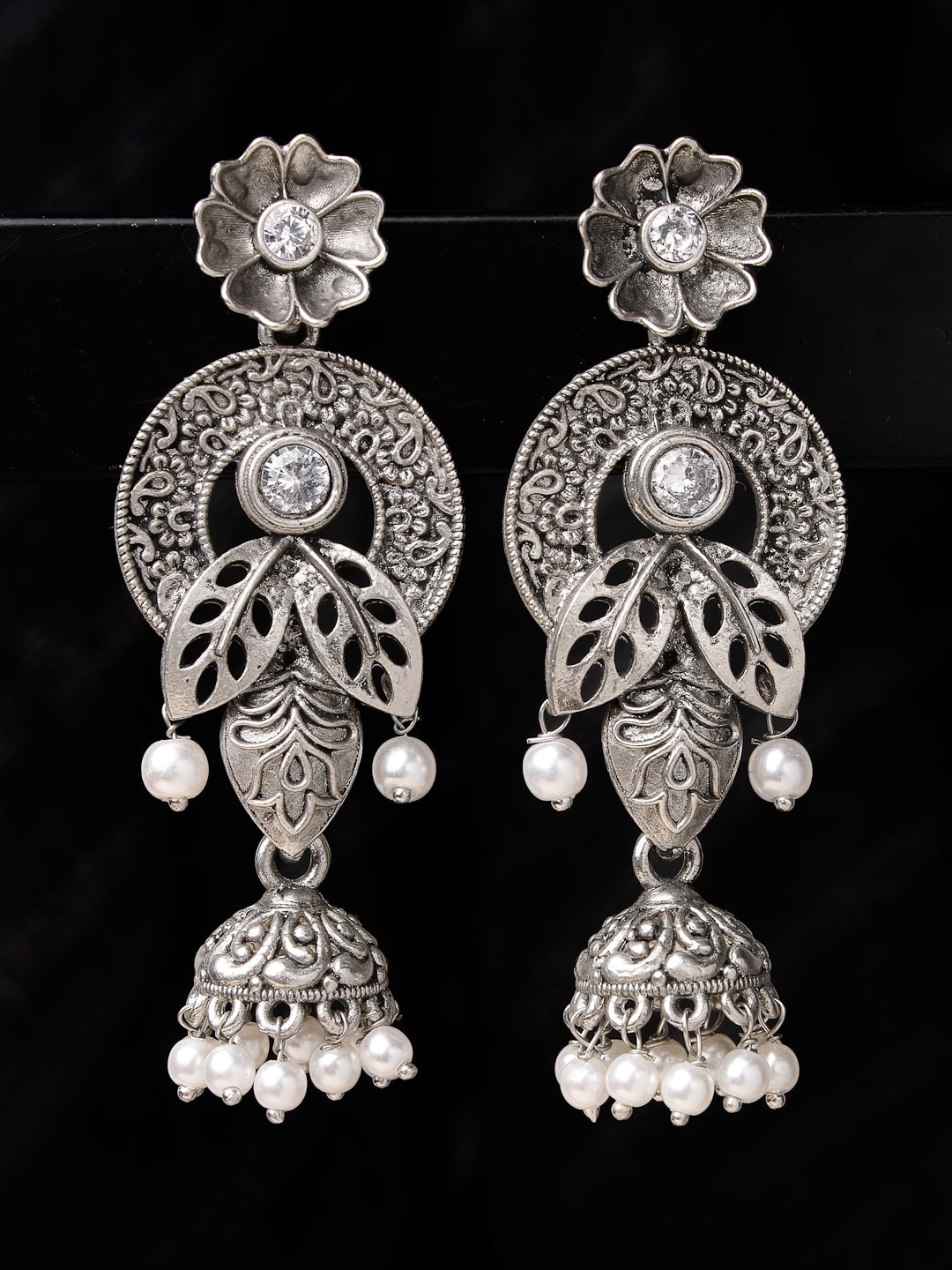 

ADIVA Oxidised Silver-Plated Stone-Studded & Pearls Beaded Floral Shaped Jhumkas