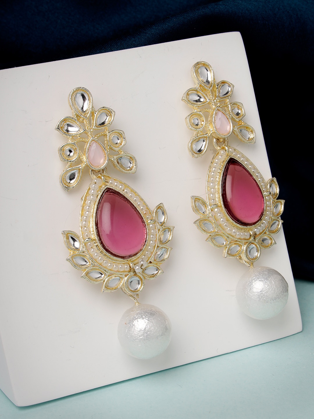 

ADIVA Gold-Plated Kundan Studded Contemporary Drop Earrings