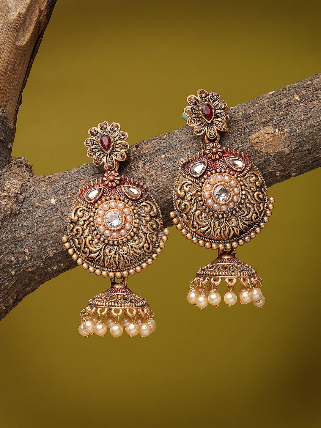 

ADIVA Gold-Plated Kundan-Studded Floral Jhumkas