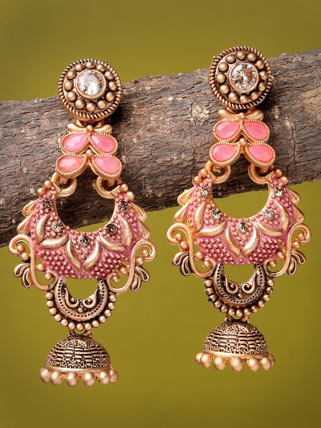 

ADIVA Antique Gold-Plated Hand-Painted Stone-Studded Crescent Shaped Jhumkas