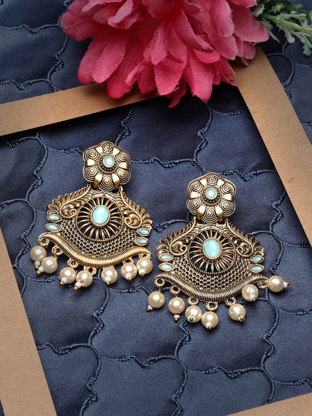 

ADIVA Gold-Plated Stone-Studded & Beaded Leaf Shaped Drop Earrings