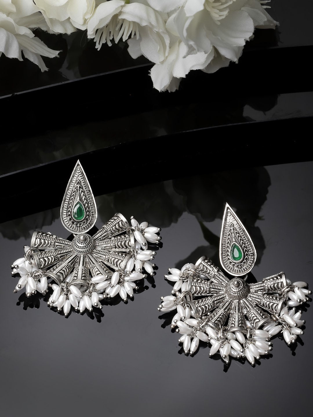 

ADIVA Oxidised Silver-Plated Stone-Studded & Pearls Beaded Floral Shaped Drop Earrings