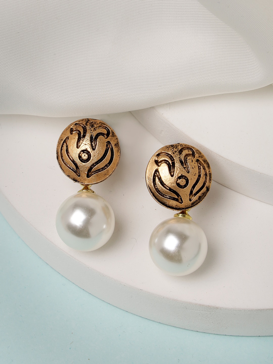 

ADIVA Antique Gold-Plated Pearl Beaded Classic Drop Earrings