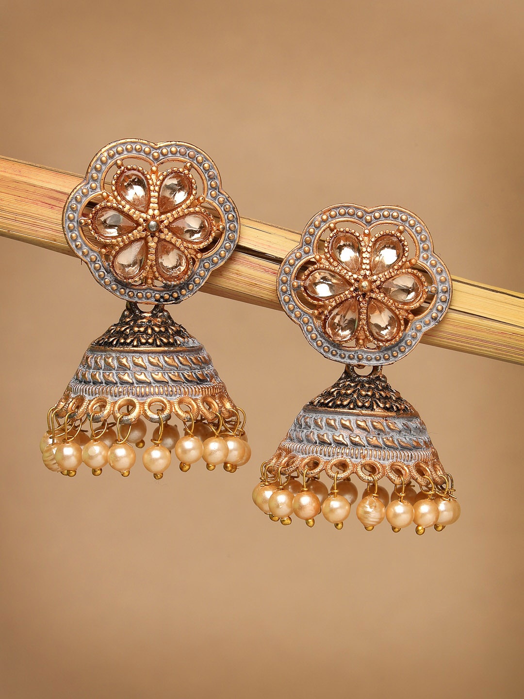 

ADIVA Gold-Plated Stone-Studded & Beaded Classic Jhumkas