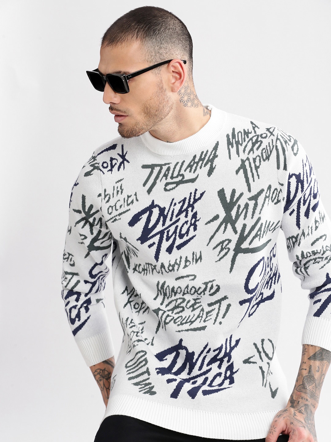 SHOWOFF Typography Printed Acrylic Pullover Sweater, Grey