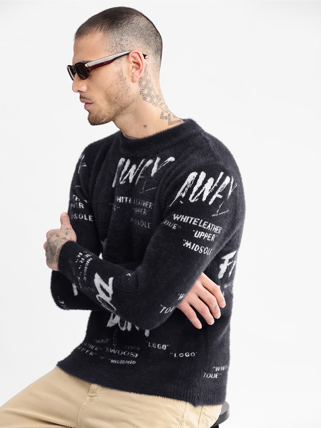 SHOWOFF Typography Self Design Acrylic Pullover Sweater, Navy blue