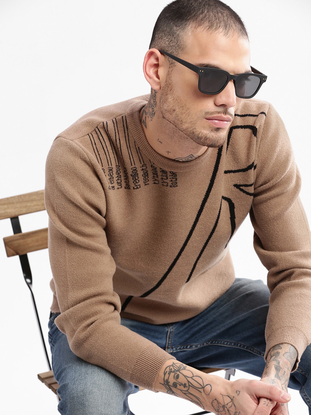 

SHOWOFF Round Neck Long Sleeves Typography Pullover, Brown
