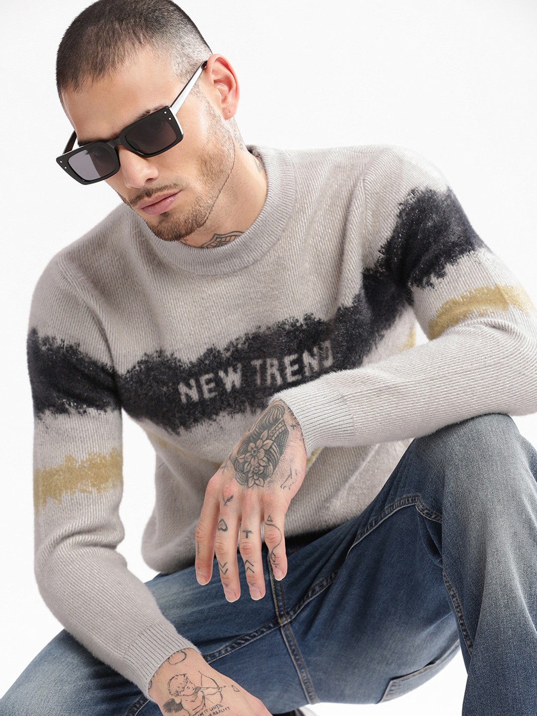 

SHOWOFF Self Design Round Neck Long Sleeves Typography Pullover, Beige