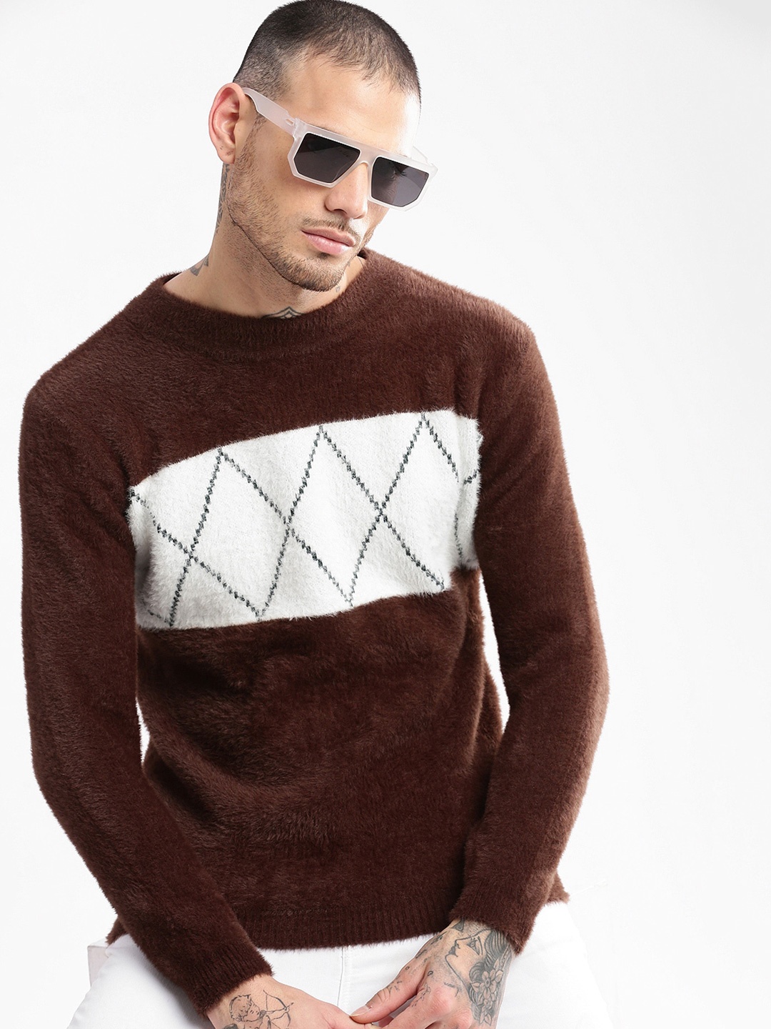 

SHOWOFF Argyle Printed Round Neck Pullover Sweaters, Brown