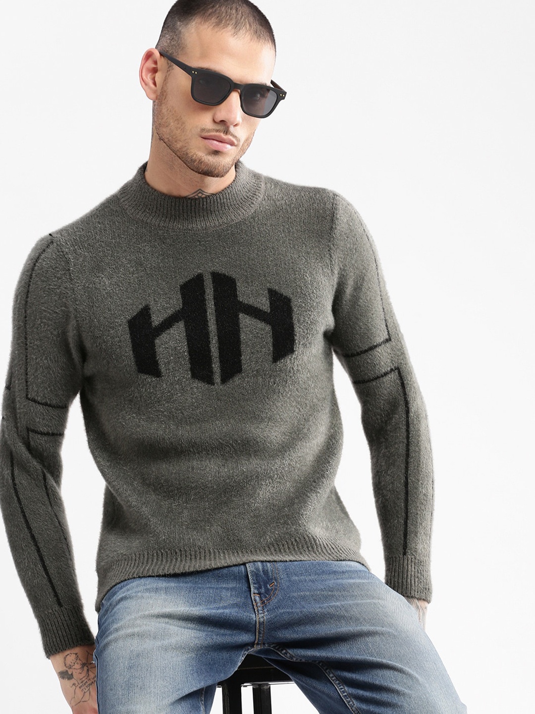

SHOWOFF Round Neck Long Sleeves Printed Pullover, Grey