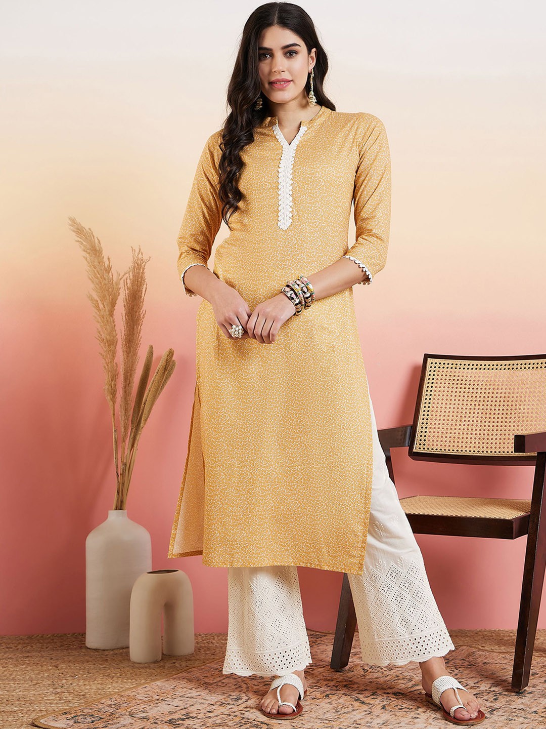 

Inddus Mustard Yellow Ethnic Motifs Printed Pure Cotton Straight Kurta With Palazzo