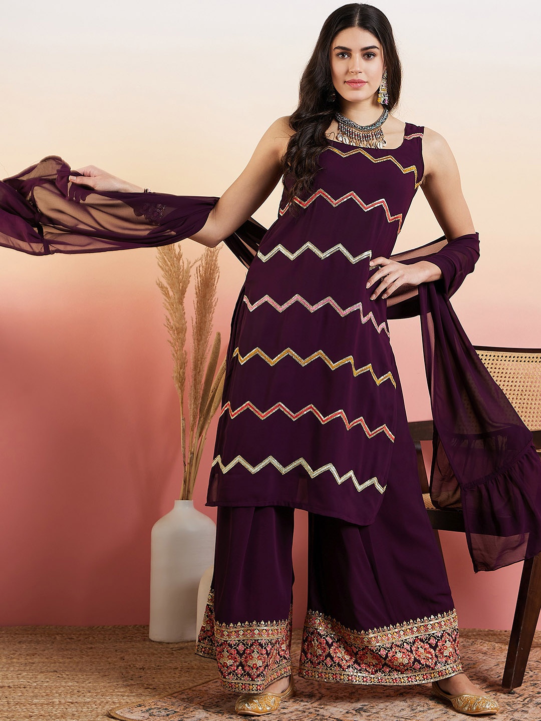 

Inddus Maroon Ethnic Motifs Embroidered Thread Work Georgette Kurta With Palazzo & Dupatta