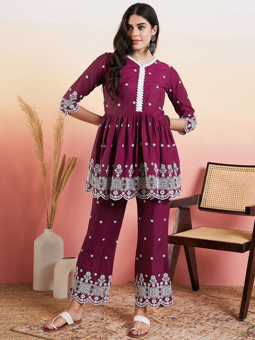 

Inddus Floral Embroidered Pleated Ethnic Co-ords, Purple