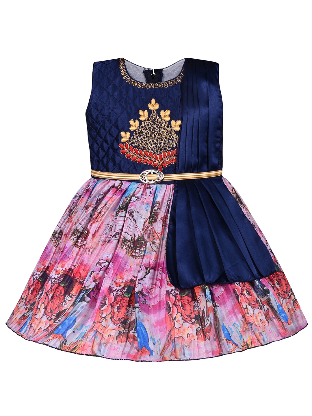 

Wish Karo Infant Girls Floral Printed Embellished Satin Fit & Flare Ethnic Dress, Navy blue