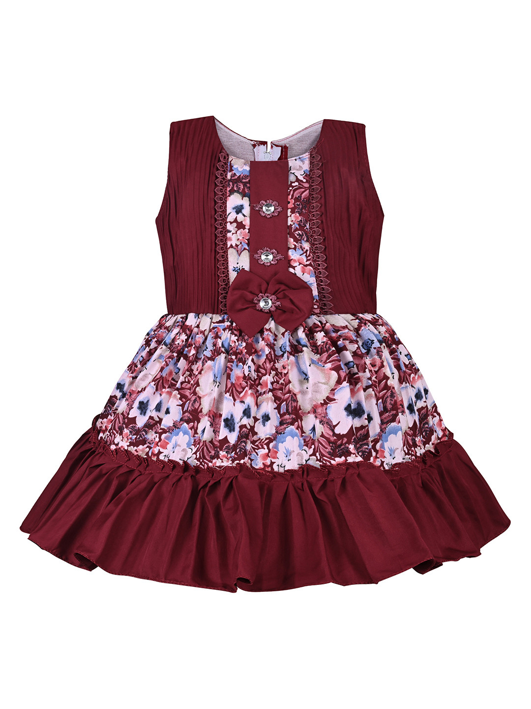 

Wish Karo Girls Floral Printed Bow Detail Silk Satin Gown Dress, Maroon