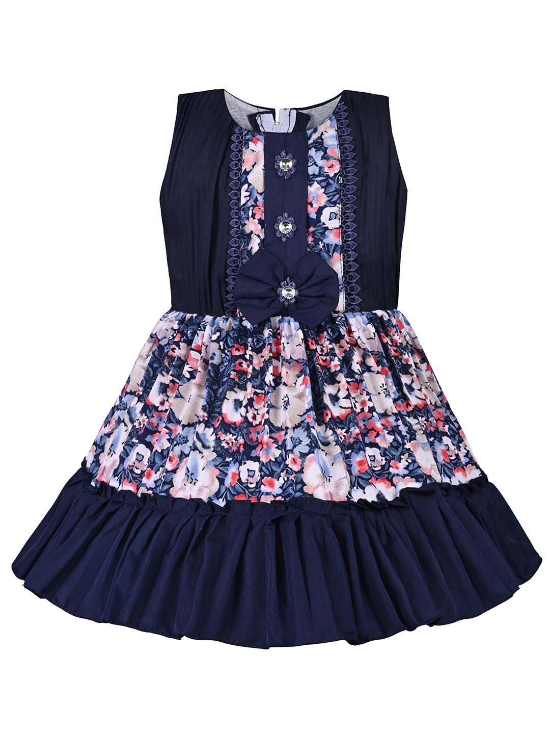 

Wish Karo Girls Floral Printed Bow Detail Silk Satin Gown Dress, Navy blue