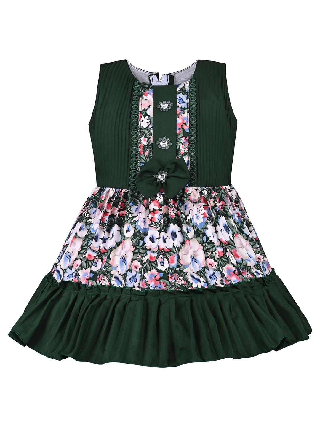 

Wish Karo Girls Floral Printed Bow Satin Fit & Flare Dress, Green