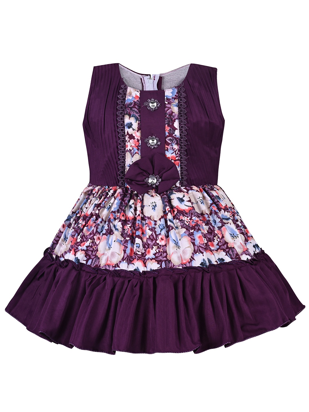 

Wish Karo Girls Floral Printed Sleeveless Tie-Ups Detail Satin Fit & Flare Dress, Purple