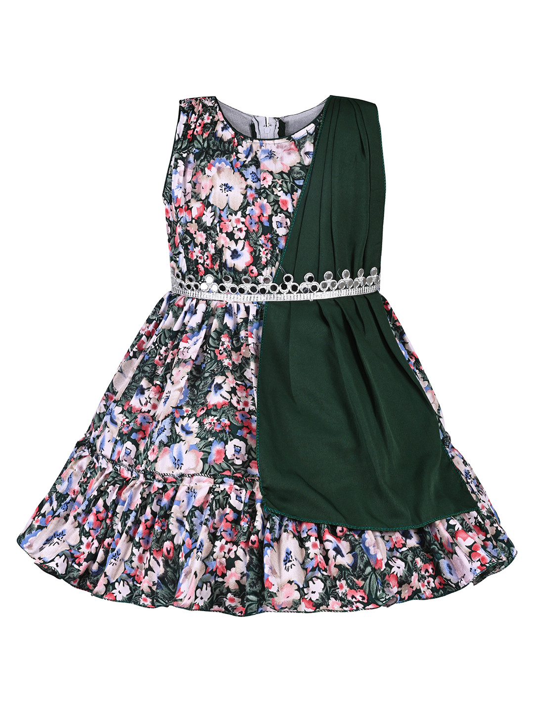 

Wish Karo Girls Floral Printed Satin Fit & Flare Maxi Dress, Green
