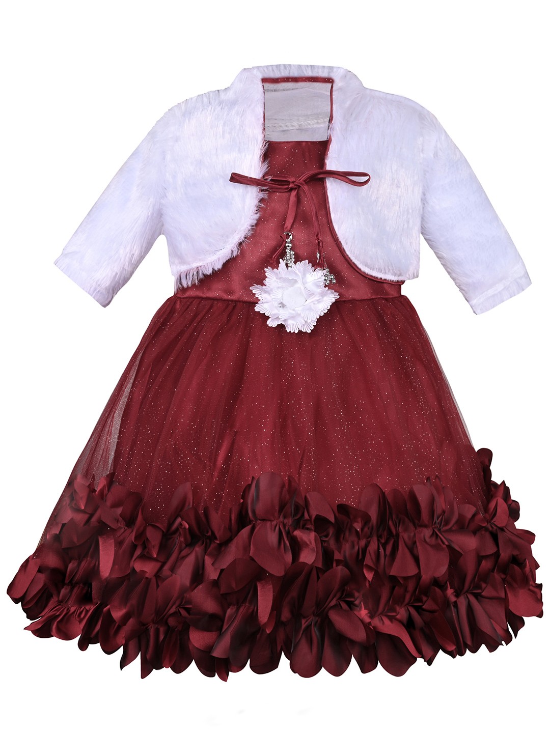 

Wish Karo Girls Self Design Applique Net Fit & Flare Dress With Jacket, Maroon