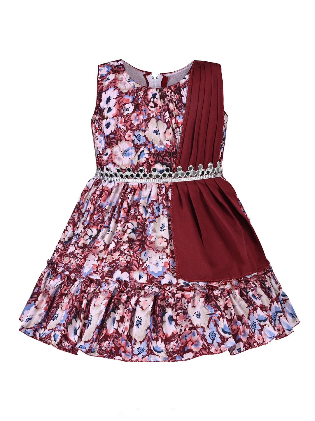 

Wish Karo Girls Floral Printed Silk Fit & Flare Dress, Maroon