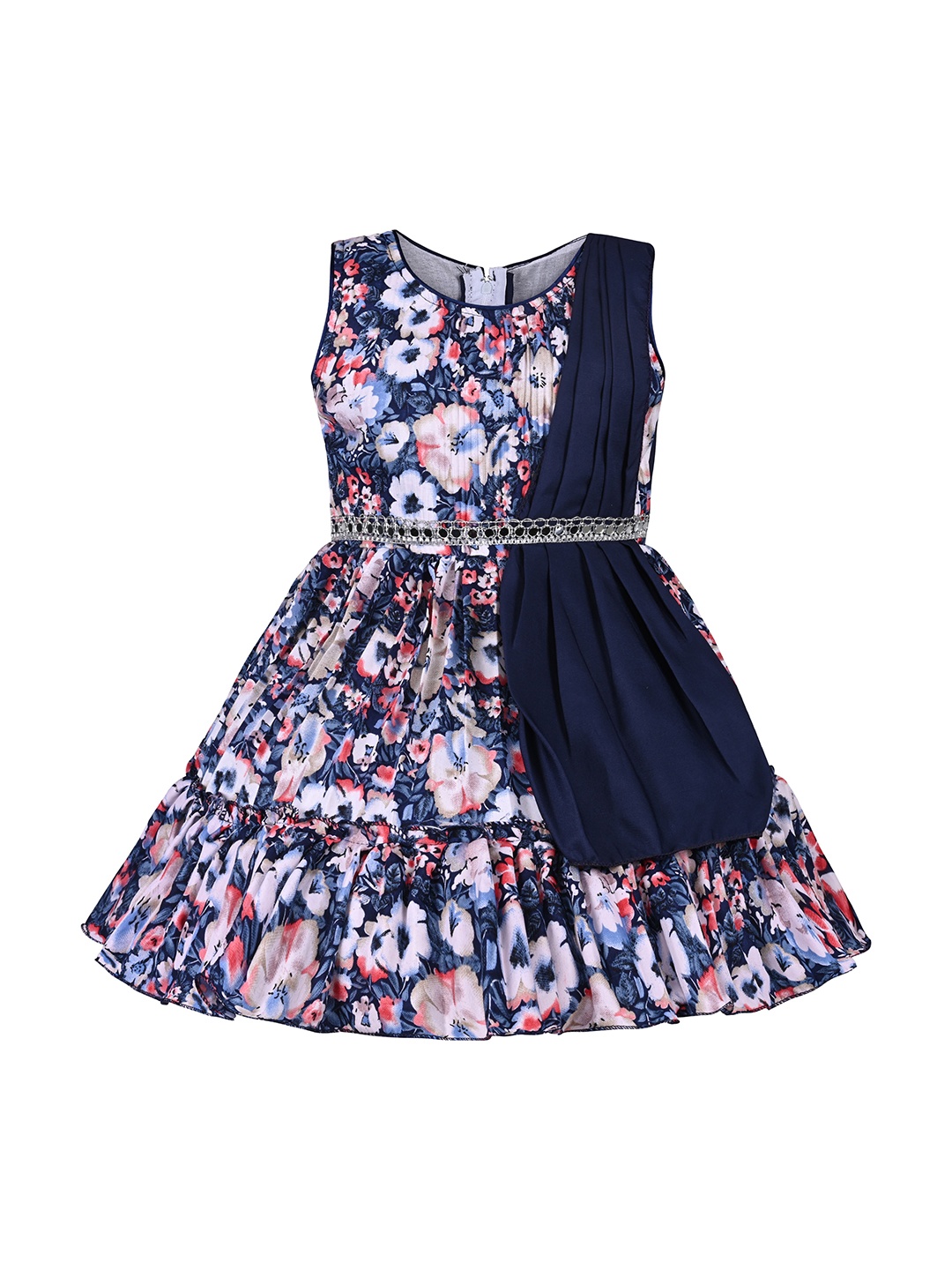 

Wish Karo Girls Floral Printed Sleeveless Tie-Ups Detail Satin Fit & Flare Dress, Navy blue
