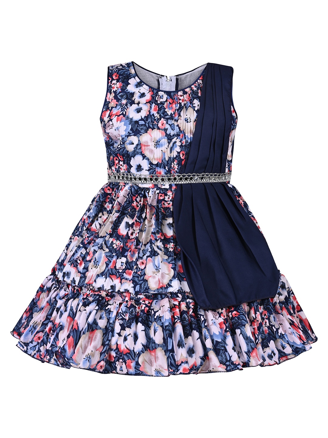 

Wish Karo Girls Floral Print Satin Fit & Flare Dress, Navy blue