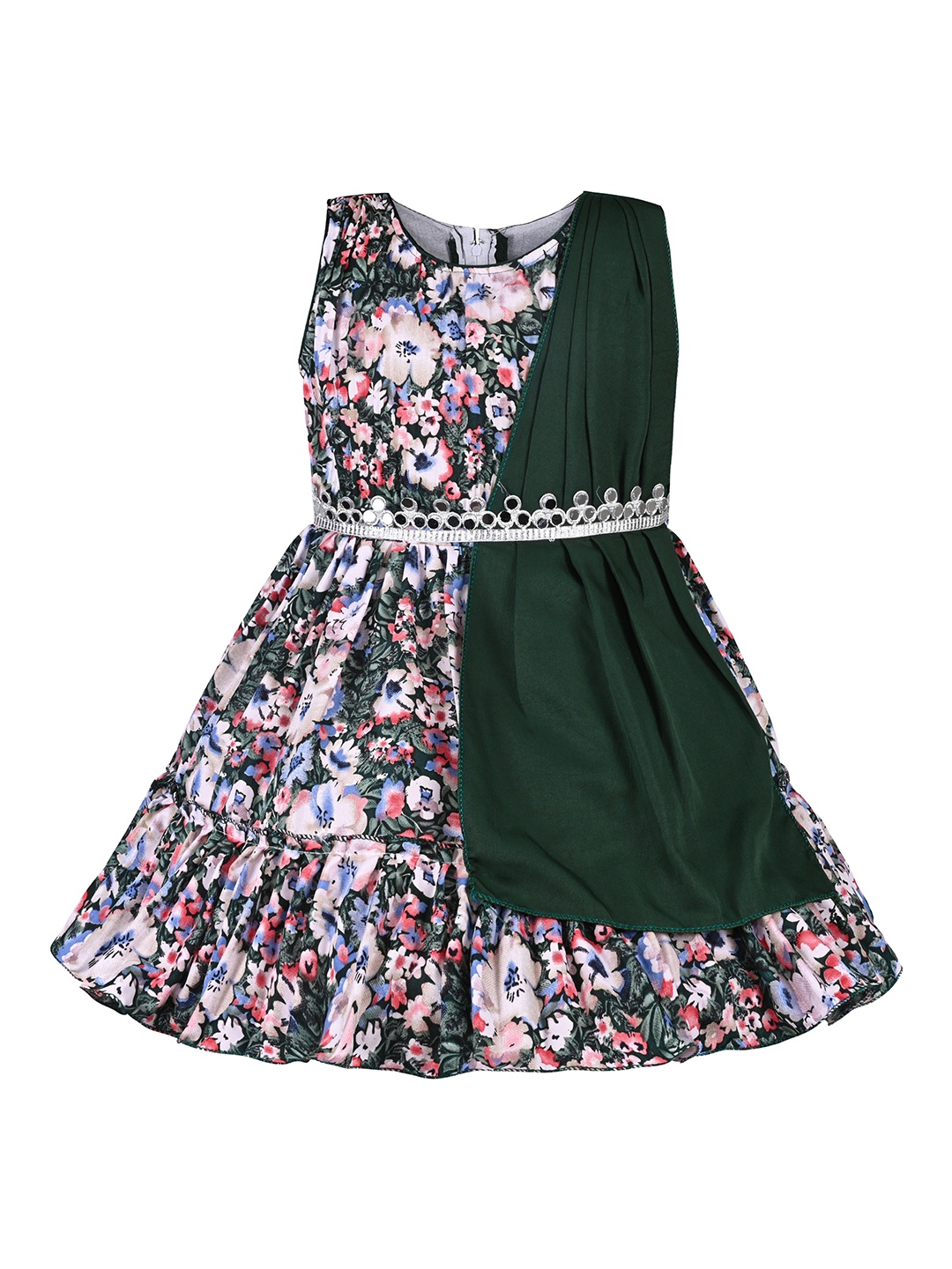 

Wish Karo Girls Floral Printed Pleated & Embroidered Satin Fit & Flare Dress, Green