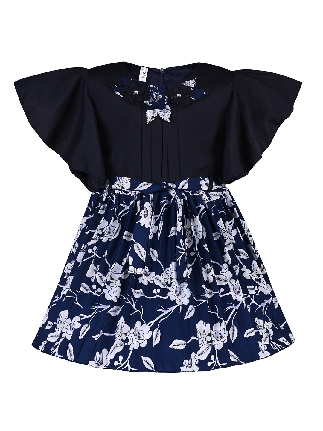 

Wish Karo Girls Floral Printed Flutter Sleeve Pleated & Tie Up Satin Fit & Flare Dress, Navy blue