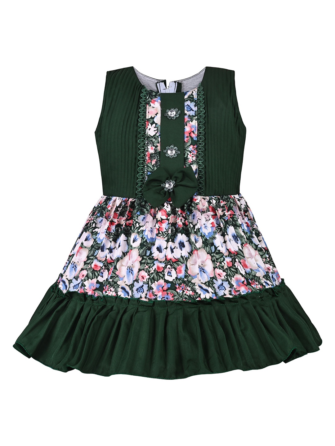 

Wish Karo Girls Floral Printed Bow Satin Fit & Flare Dress, Green