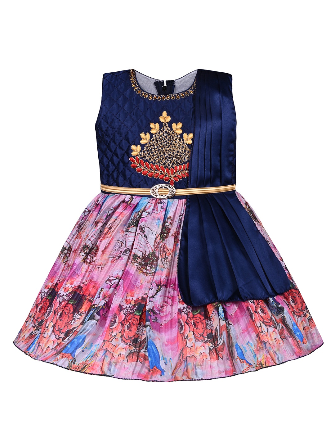 

Wish Karo Girls Floral Print Embroidered Satin Fit & Flare Ethnic Dress, Navy blue