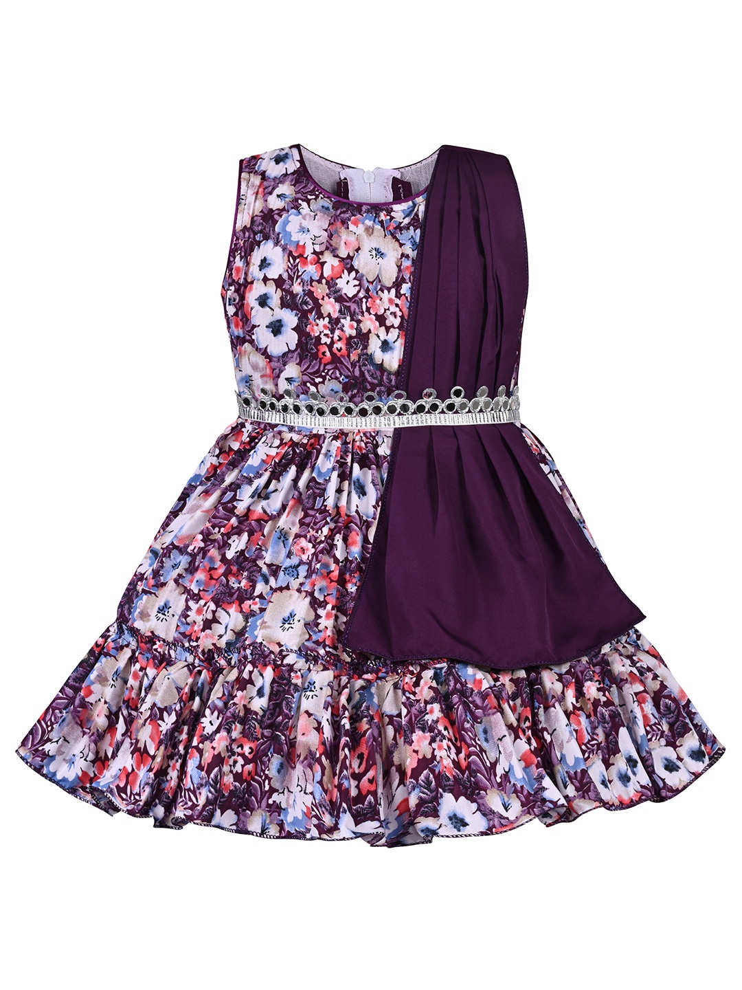 

Wish Karo Girls Floral Printed Mirror Work Detail Silk Satin Gown Dress, Purple