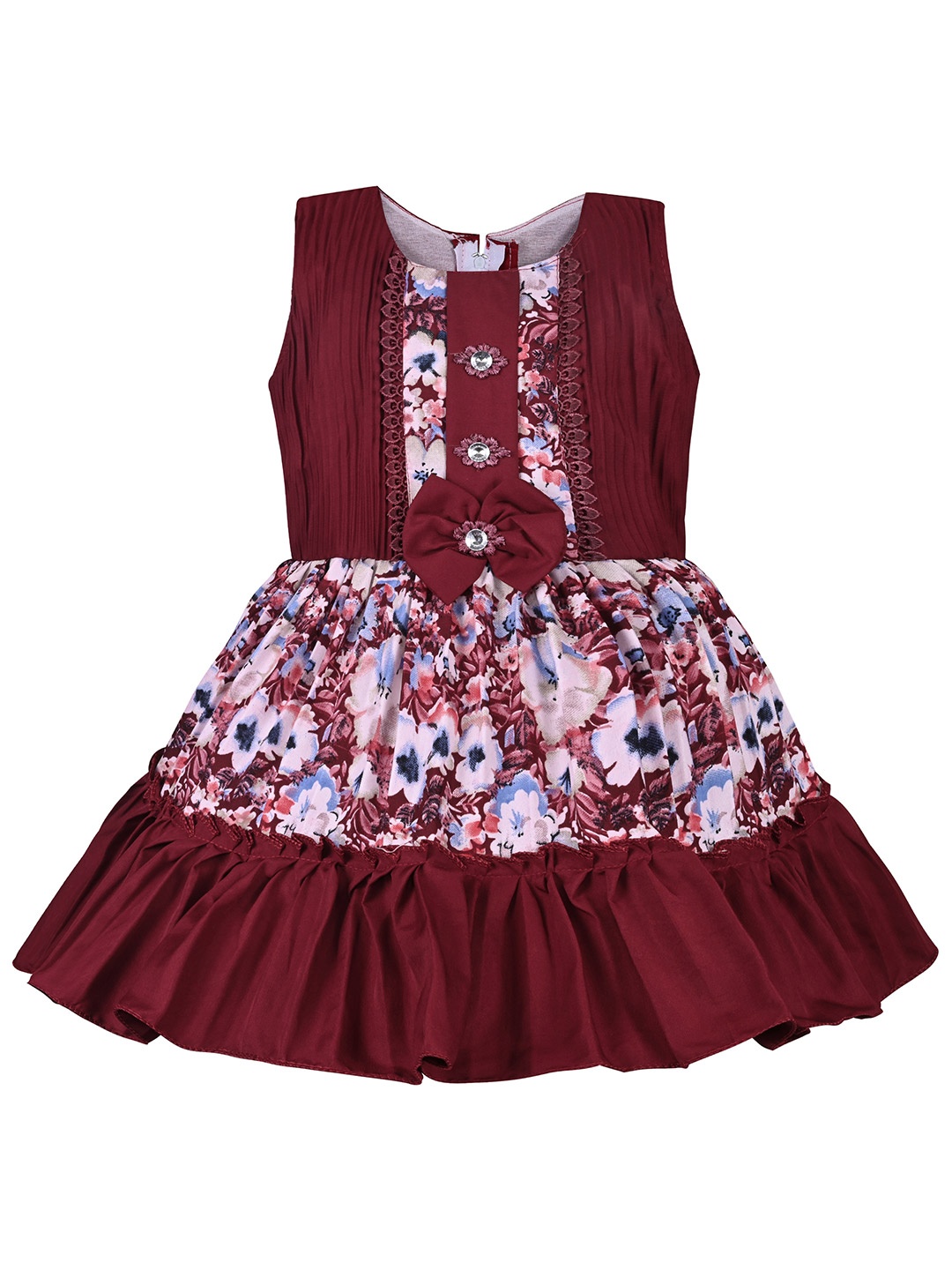 

Wish Karo Girls Floral Printed Bow Satin Fit & Flare Dress, Maroon