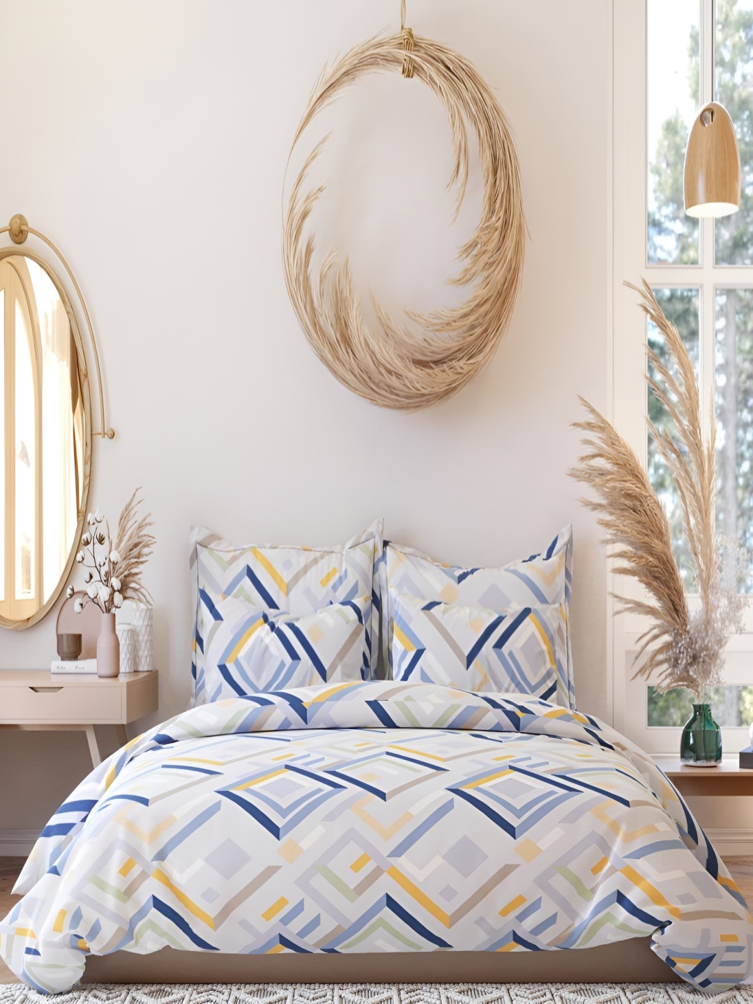 

THE HOME STYLE Geometric 300 TC King Bedsheet with 2 Pillow Covers, Na