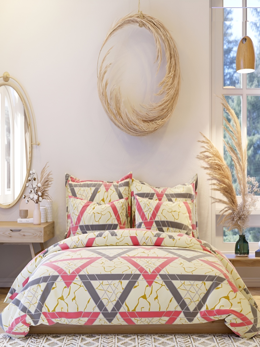 

THE HOME STYLE Geometric 300 TC King Bedsheet with 2 Pillow Covers, Na