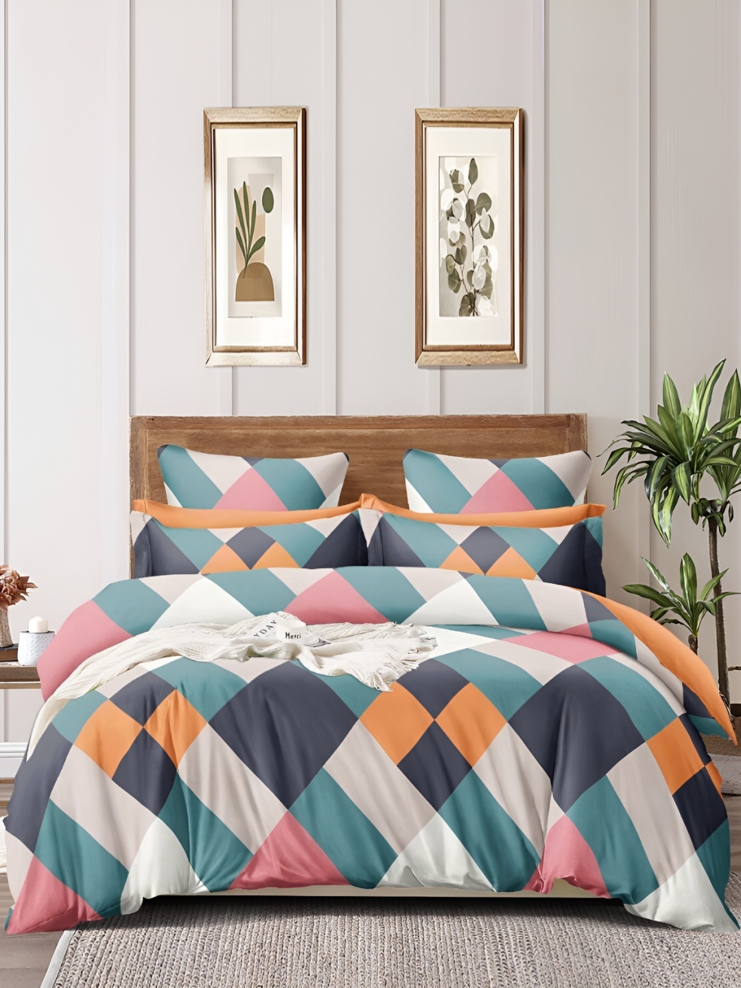 

THE HOME STYLE Geometric 300 TC King Bedsheet with 2 Pillow Covers, Na