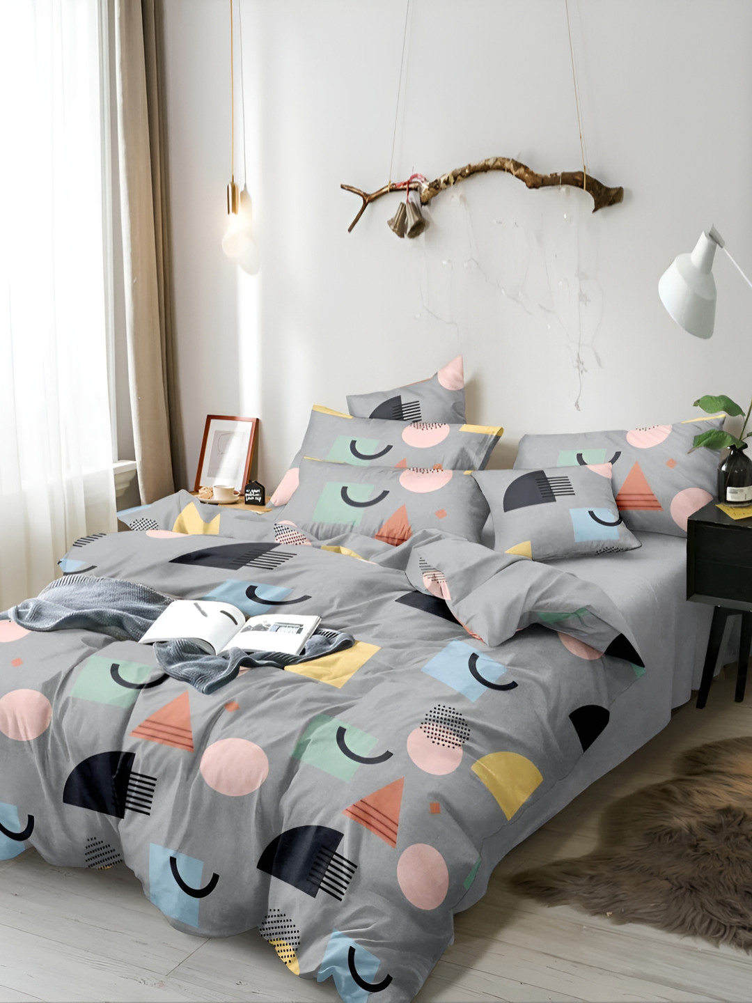 

THE HOME STYLE Geometric 300 TC King Bedsheet with 2 Pillow Covers, Na