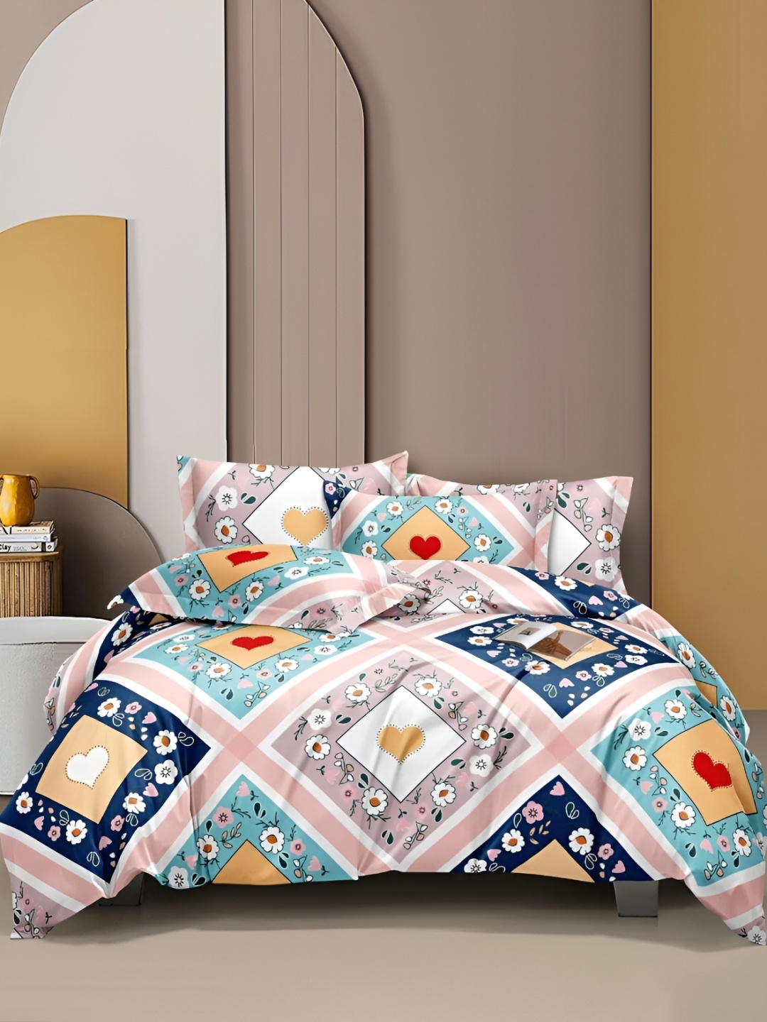 

THE HOME STYLE Geometric 300 TC King Bedsheet with 2 Pillow Covers, Na