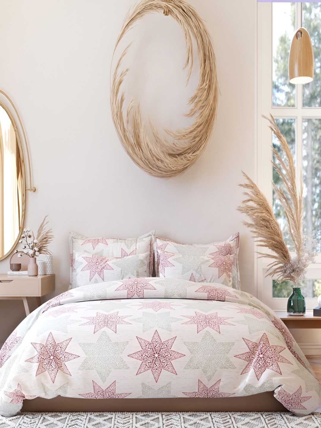 

THE HOME STYLE Geometric 300 TC King Bedsheet with 2 Pillow Covers, Na