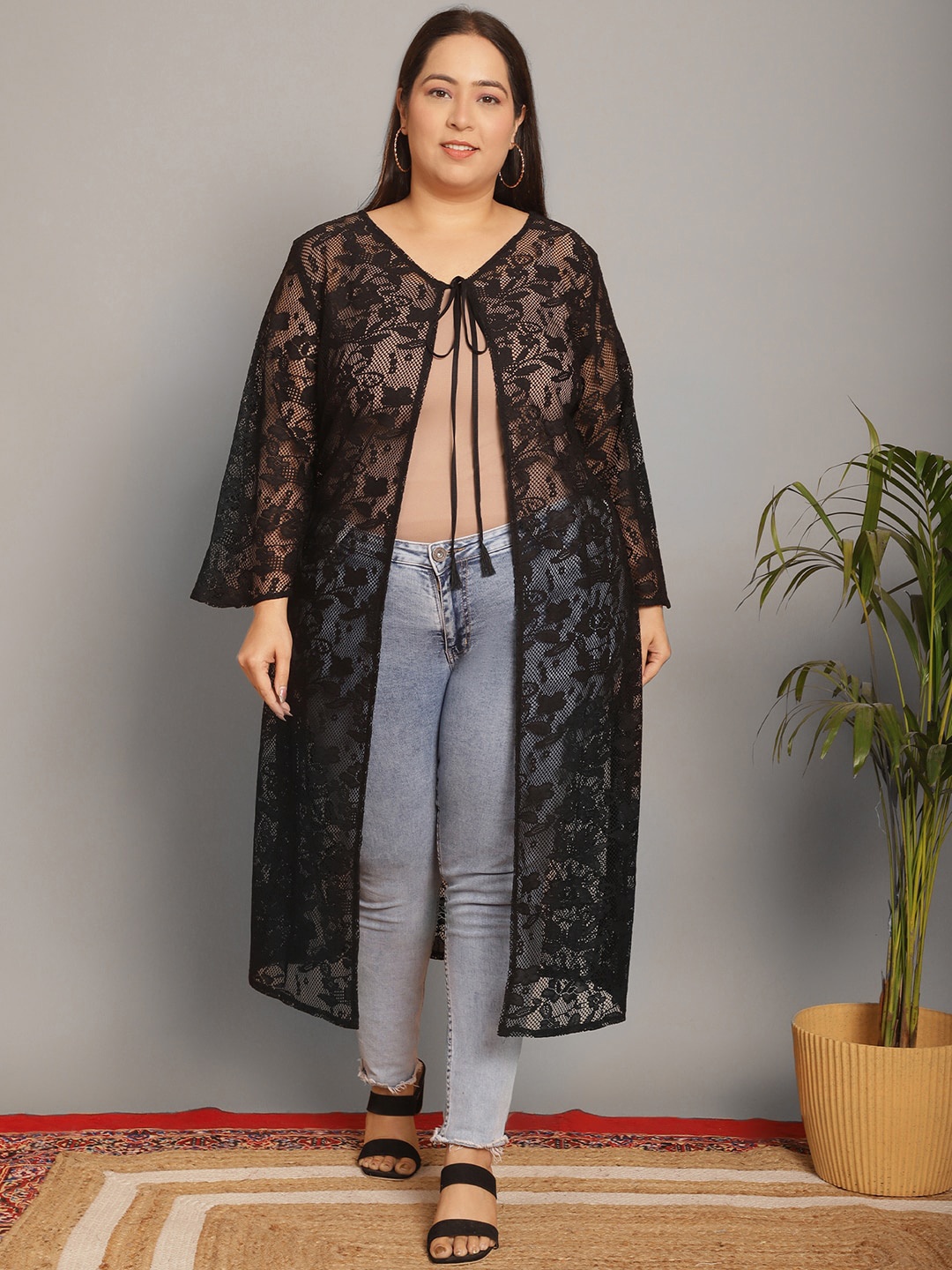 

urSense Plus Size Laced Longline Sheer Tie-Up Pure Cotton Shrug, Black