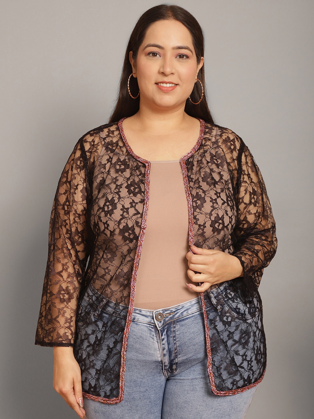

urSense Plus Size Laced Sheer Pure Cotton Open Front Shrug, Black