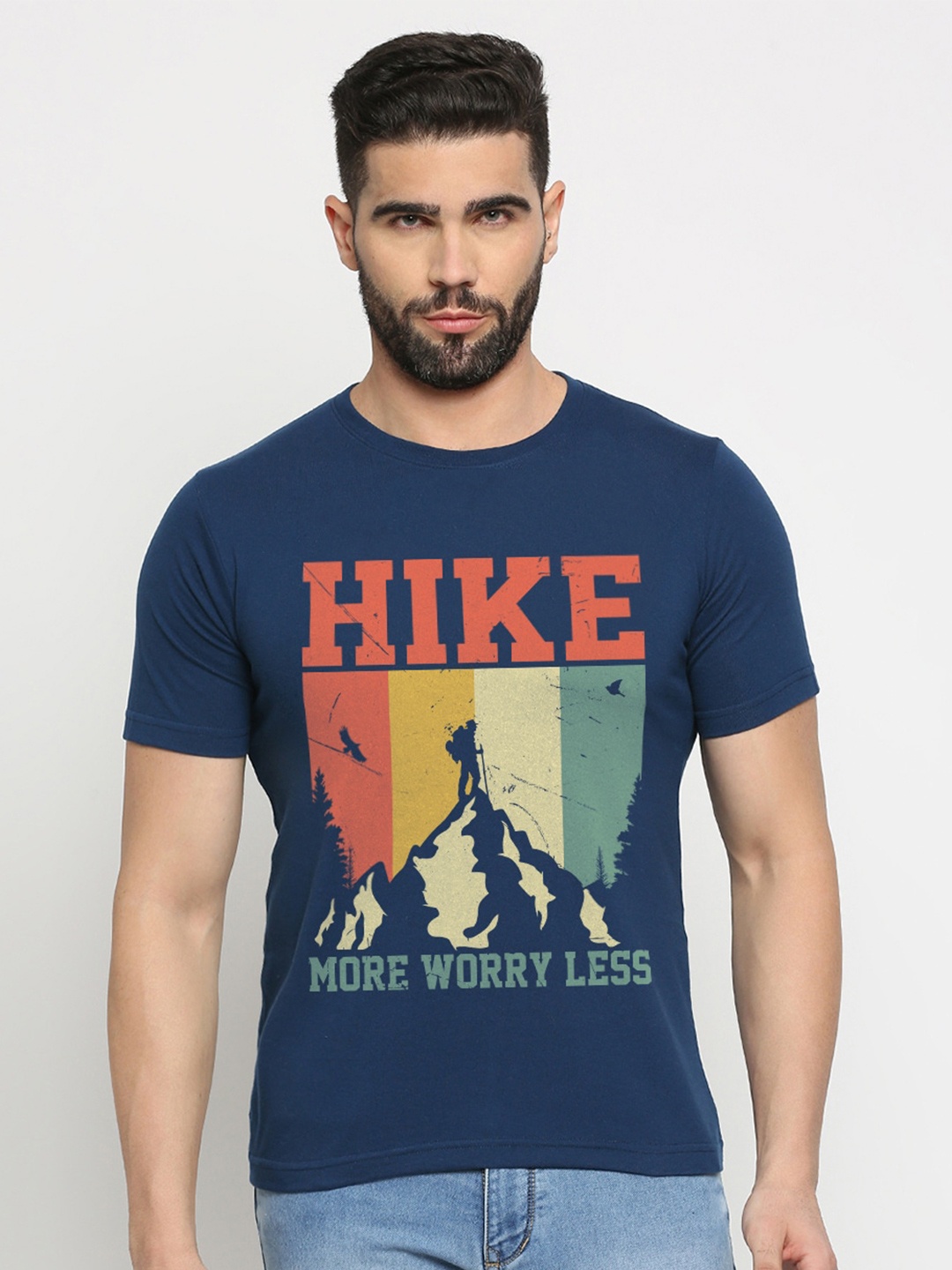 

MOD ECRU Printed Round Neck Short Sleeves Cotton T-shirt, Blue