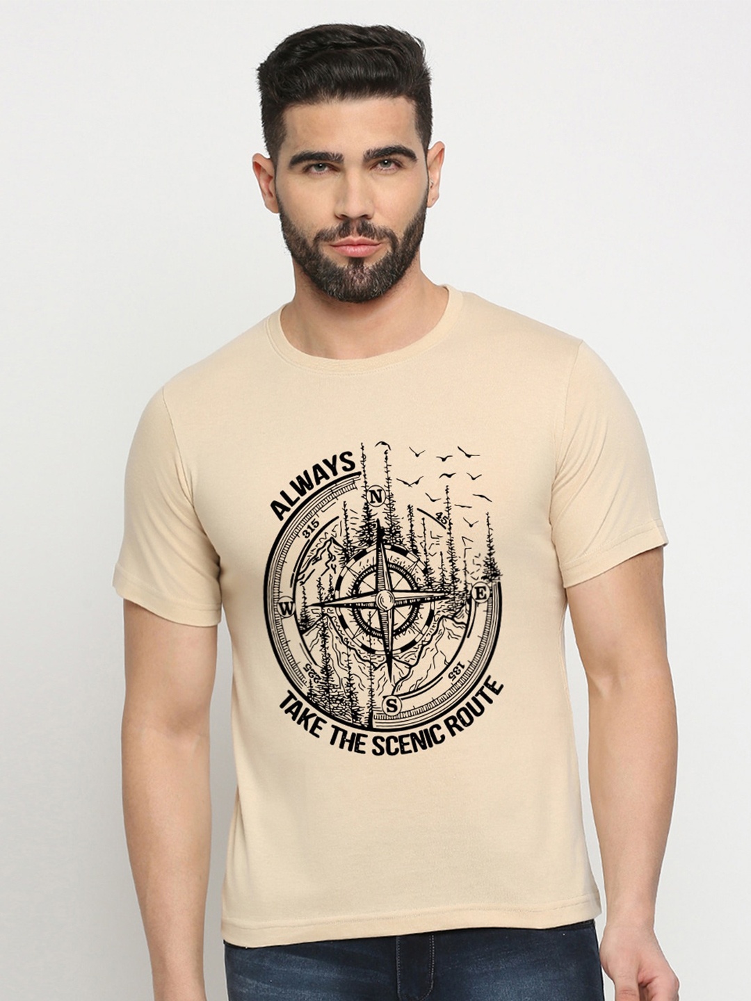 

MOD ECRU Typography Printed Round Neck Short Sleeves Cotton Pockets T-shirt, Cream