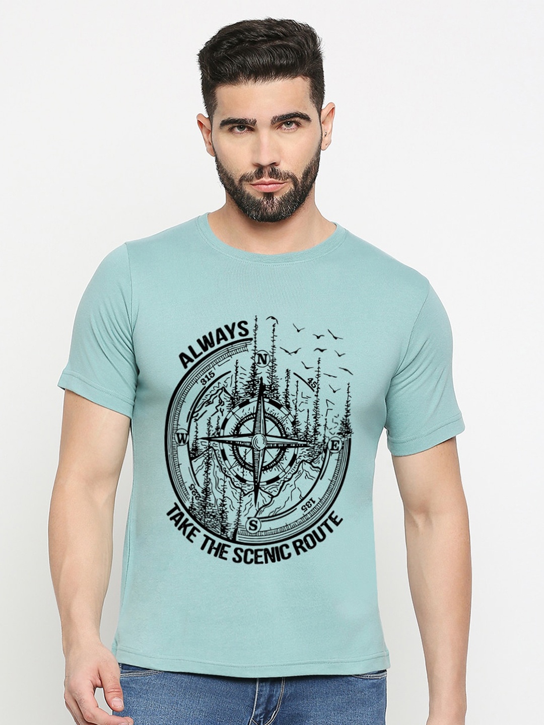 

MOD ECRU Abstract Printed Round Neck Short Sleeves Cotton T-shirt, Green