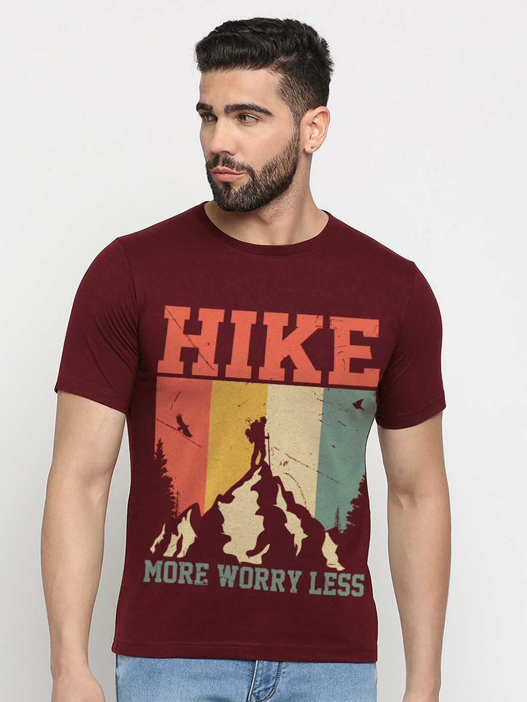 

MOD ECRU Printed Round Neck Short Sleeves Cotton Pockets T-shirt, Maroon