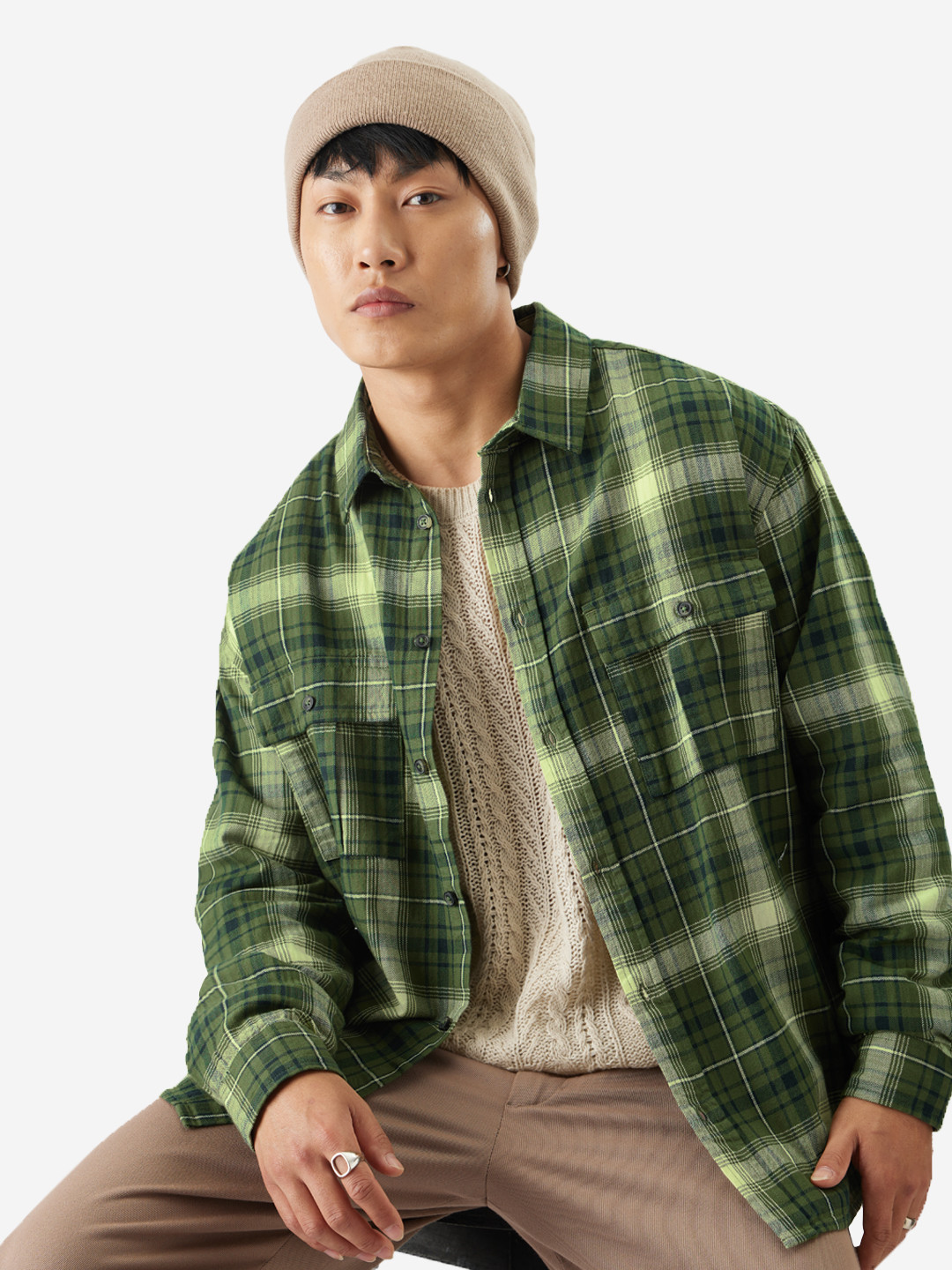 

The Souled Store Tartan Checks Opaque Cotton Oversized Casual Shirt, Green