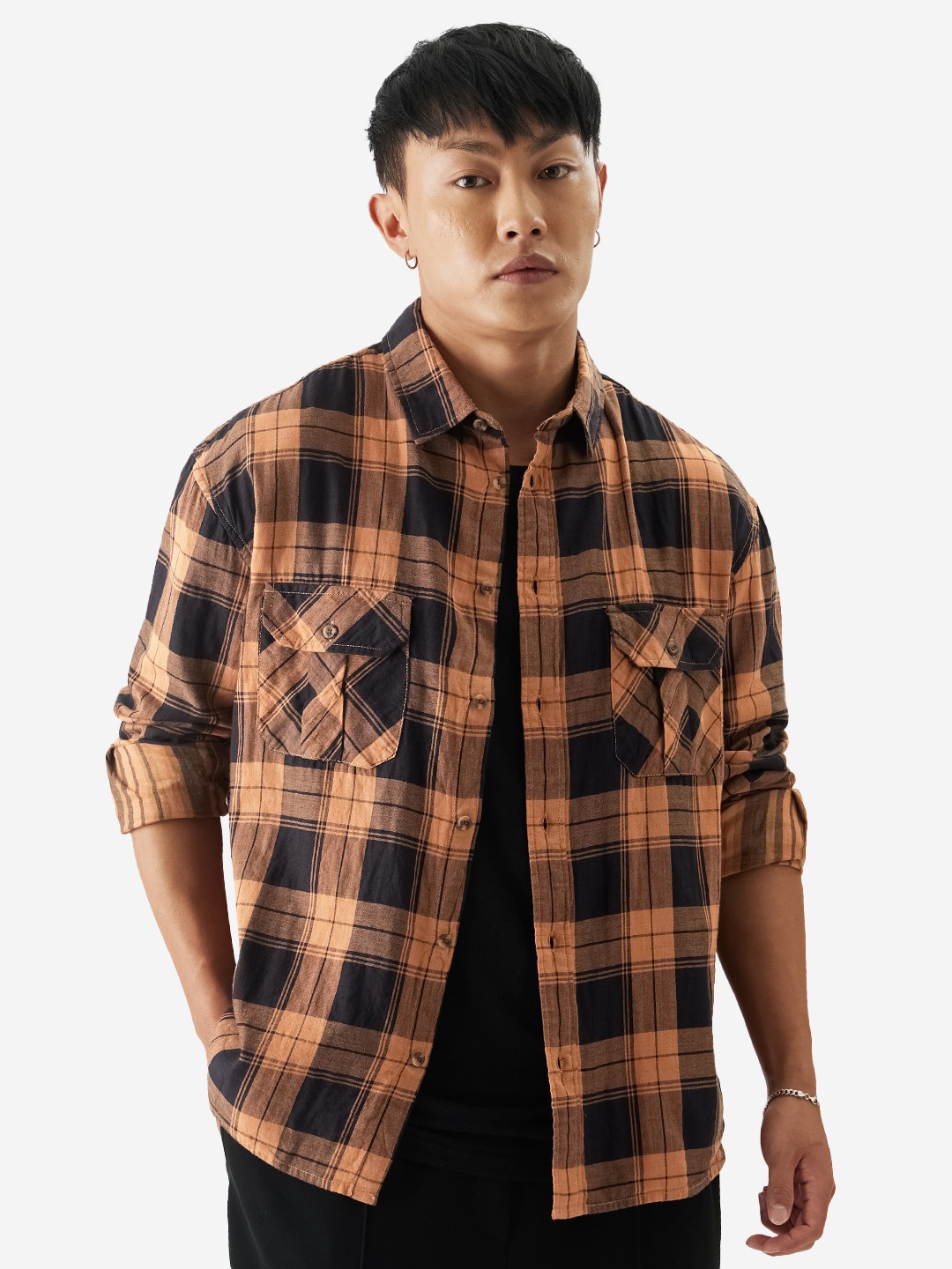 

The Souled Store Tartan Checks Opaque Cotton Relaxed Casual Shirt, Black