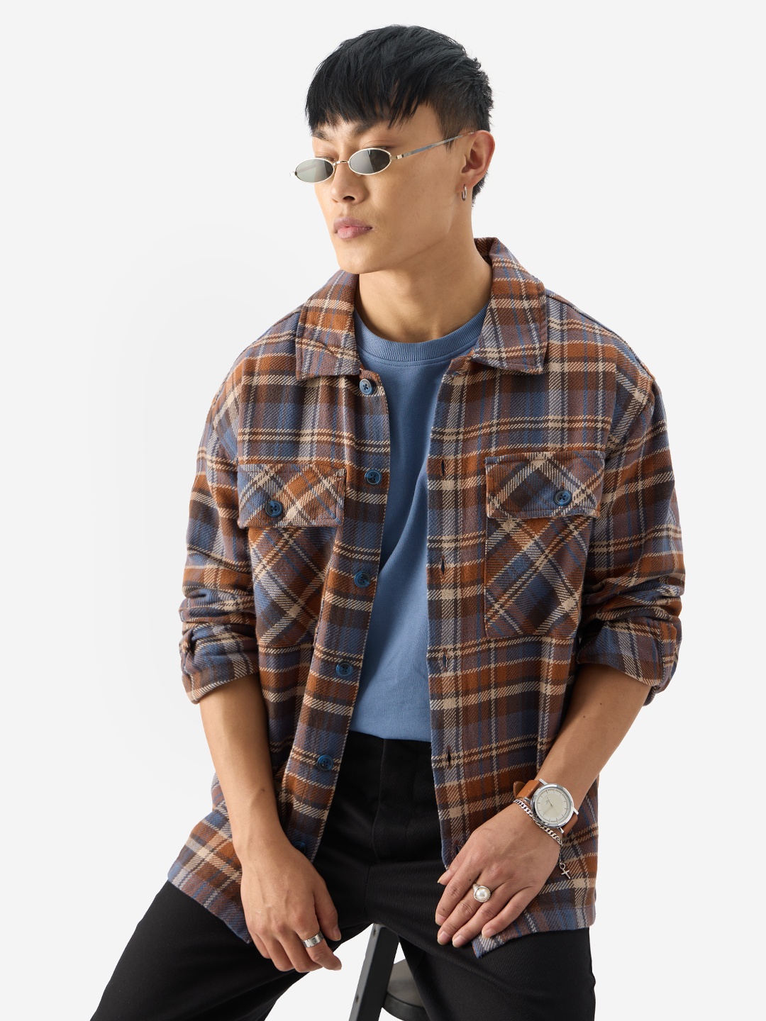 

The Souled Store Tartan Checks Opaque Flannel Cotton Oversized Casual Shirt, Brown