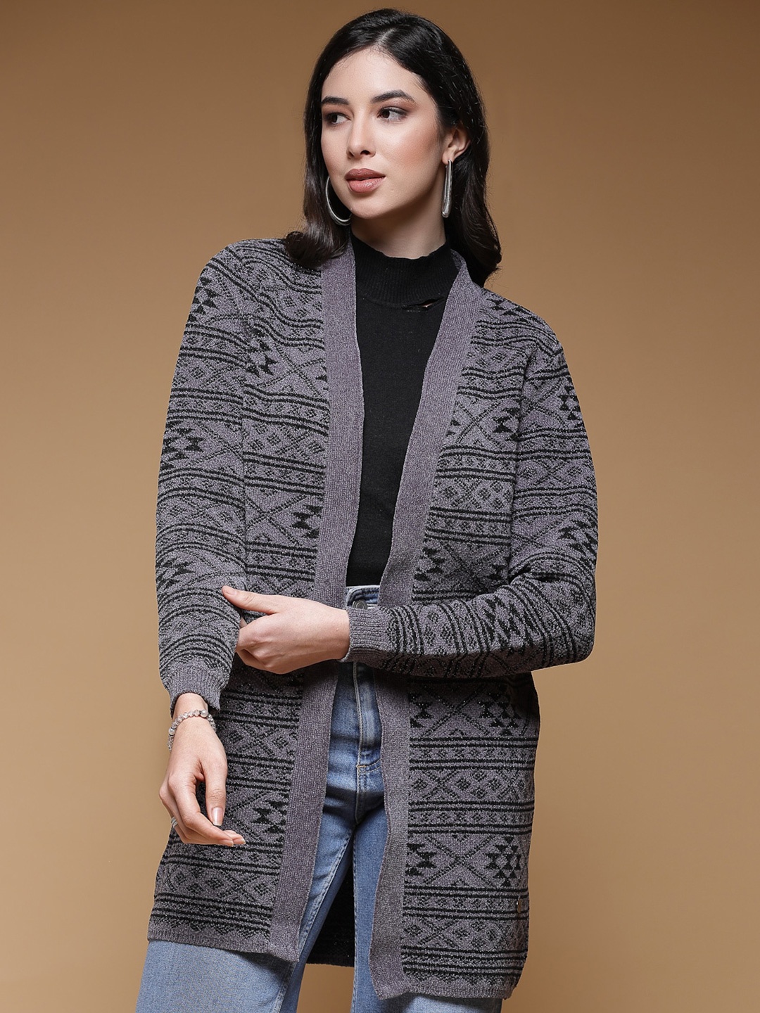 

Juelle Geometric Printed Open Front Shrug, Grey