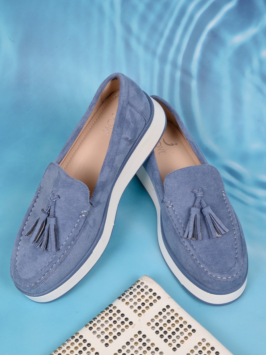 

Jove Women Comfort Insole Contrast Sole Tassel Loafers, Blue